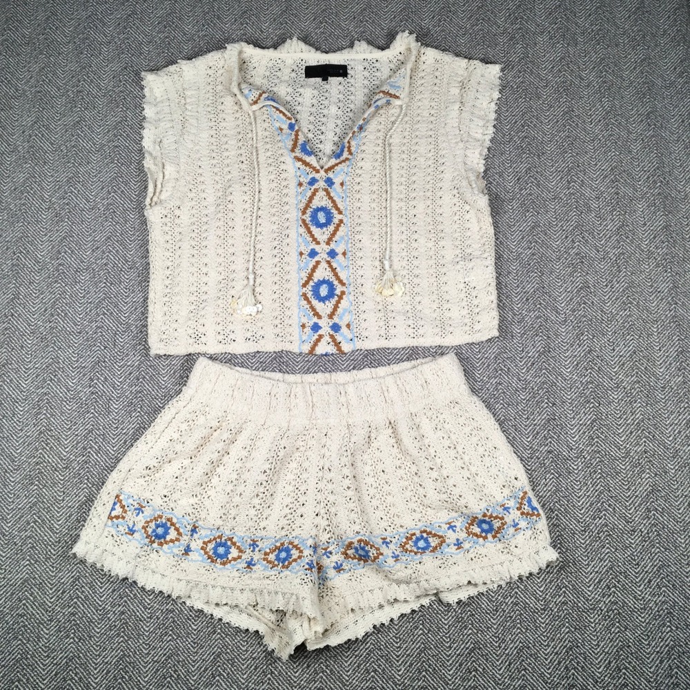 Zara Crochet Two Piece Set Cream Blue Embroidered Crop Top and Shorts Boho S M